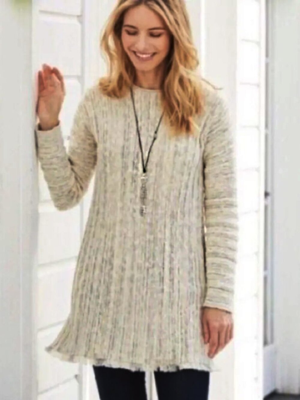 J Jill Marled Fringe-Hem Long line Tunic Sweater Cream / Gray Size L